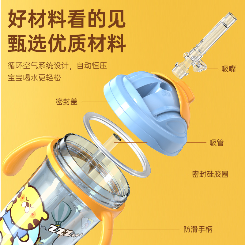 Children's water cup, large-capacity anti-drip and leak-proof water cup with lid and handle, heat-insulating, anti-scald and anti-drop, learning drinking cup and training cup