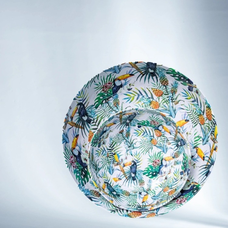Circular multi-color printed pattern melamine bowls and plates with a porcelain-like texture, melamine tableware, bowls and plates, household bowls and plates