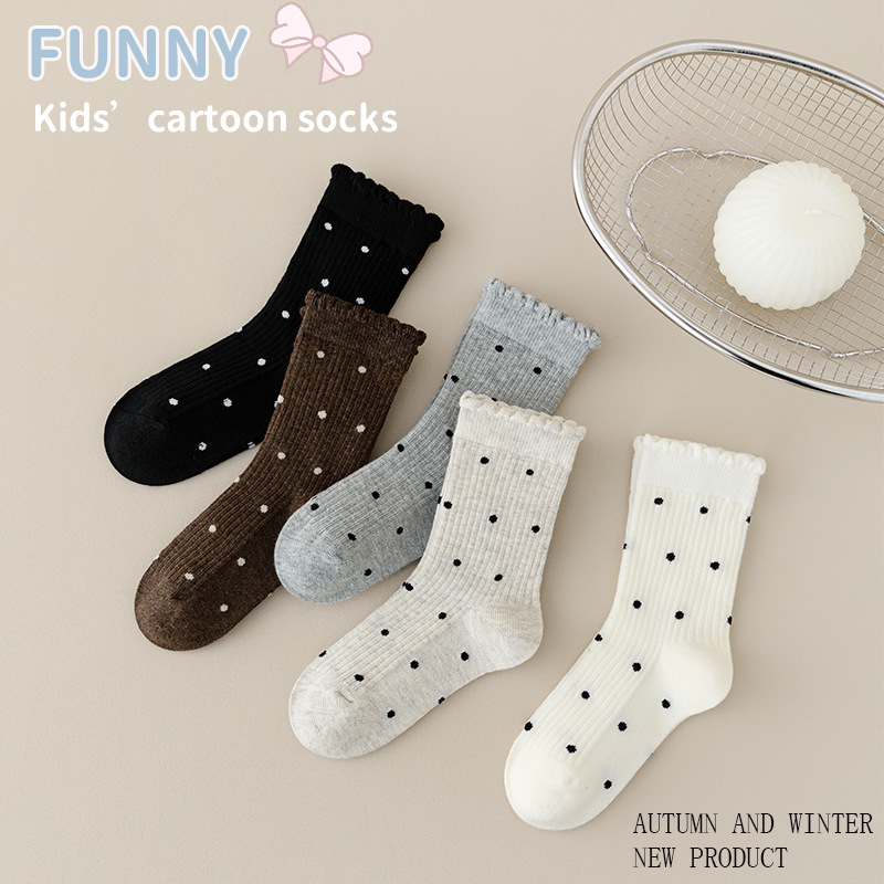 2025 Autumn new cotton socks for women, Japanese-style black ear-trimmed mid-calf socks, breathable polka dot lace ins children's socks in stock Specification image