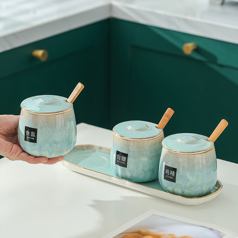 调味罐日式厨房窑变调味罐套装釉下彩绘陶瓷家用调料盒盐糖调料瓶