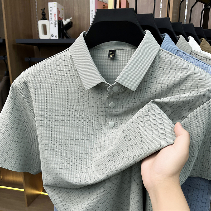 中老年男装无痕短袖t恤休闲时尚翻领半袖上衣格纹polo衫爸爸装夏