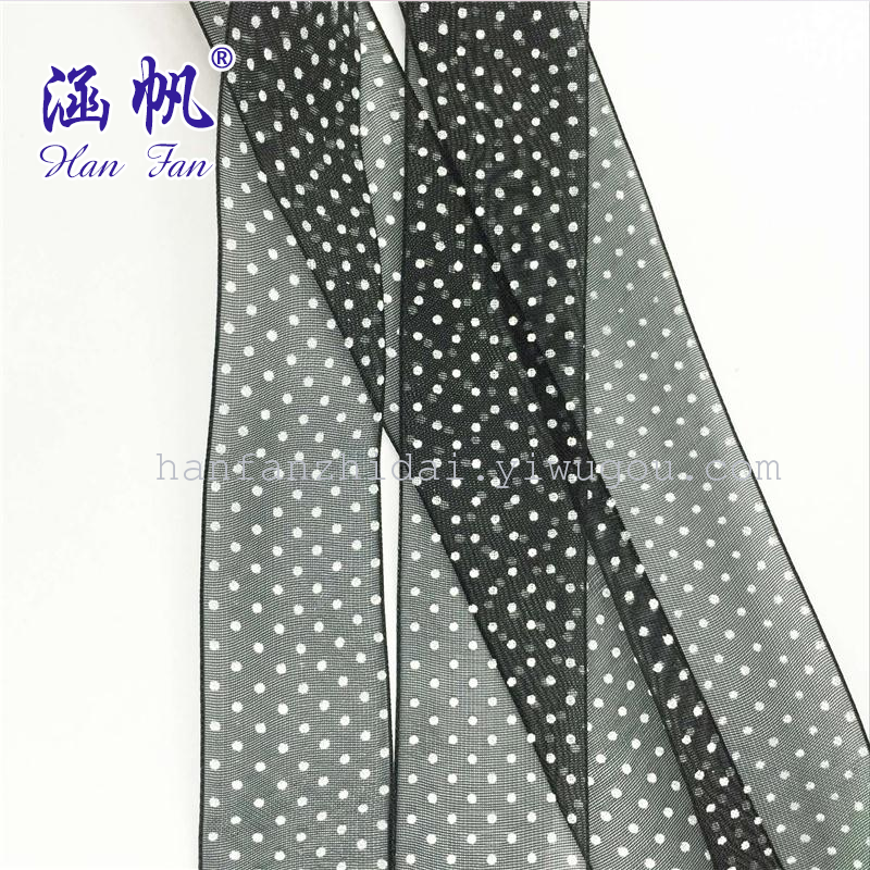 Black snow gauze ribbons with dot and polka dot prints are in stock details Picture