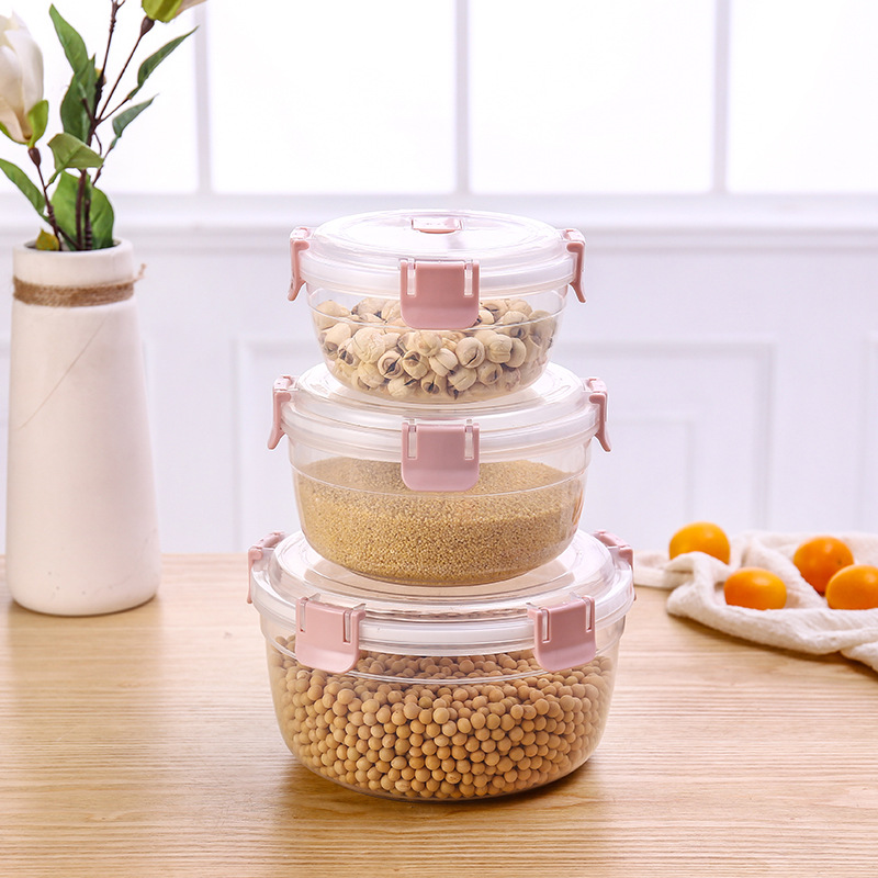 Round plastic lunch box set, microwave oven heating, household refrigerator preservation box, food-grade plastic sealed instant noodle bowl