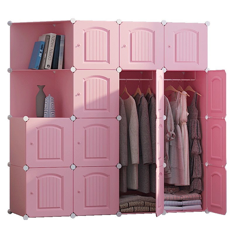 蓝色塑料拼装三门衣柜简易钢架折叠收纳柜家用储物空间