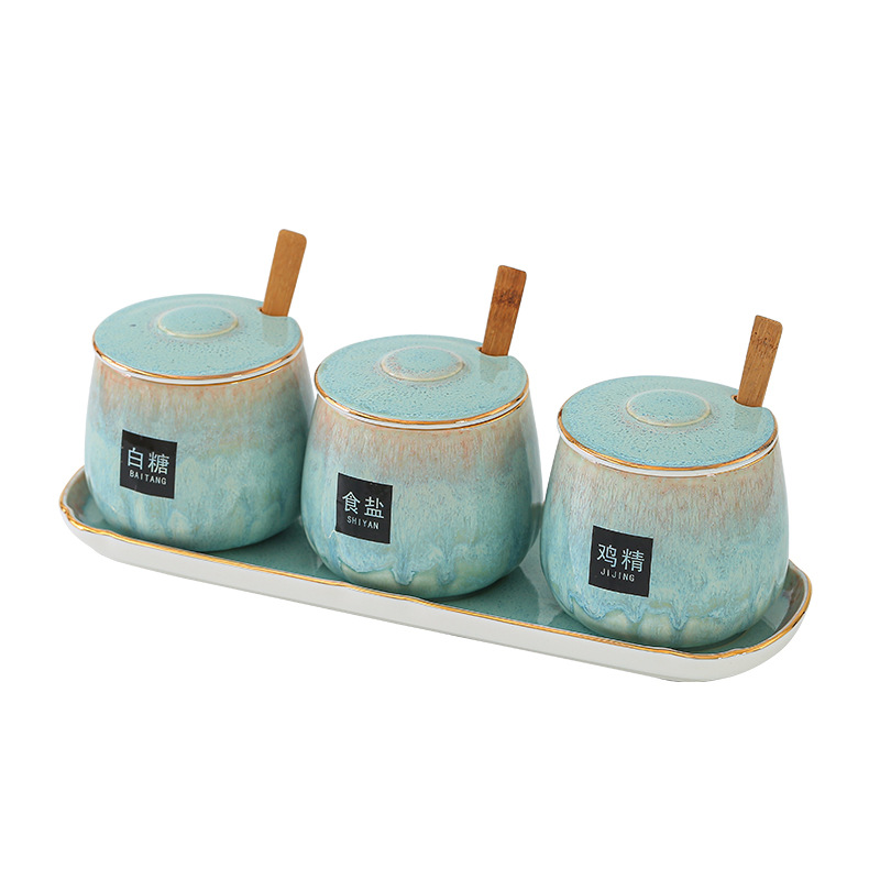 Japanese-style kitchen kiln transformation seasoning jar set, underglaze painted ceramic household seasoning box, salt and sugar seasoning bottle Application Scenario