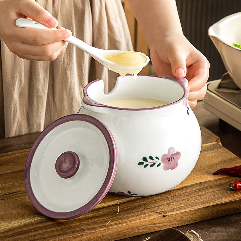 Ceramic lard can, household high-temperature resistant lid spoon, kitchen oil-splashed chili can, large capacity for storing seasonings Specification image