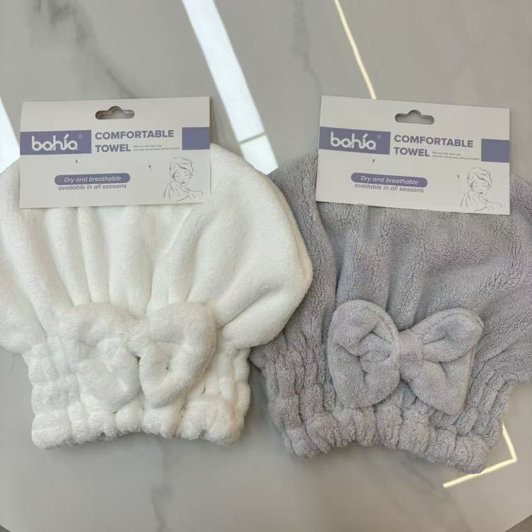 Solid-color shower cap, large bow princess cap, hair drying and washing cap, water-absorbing quick-drying hair cap details Picture