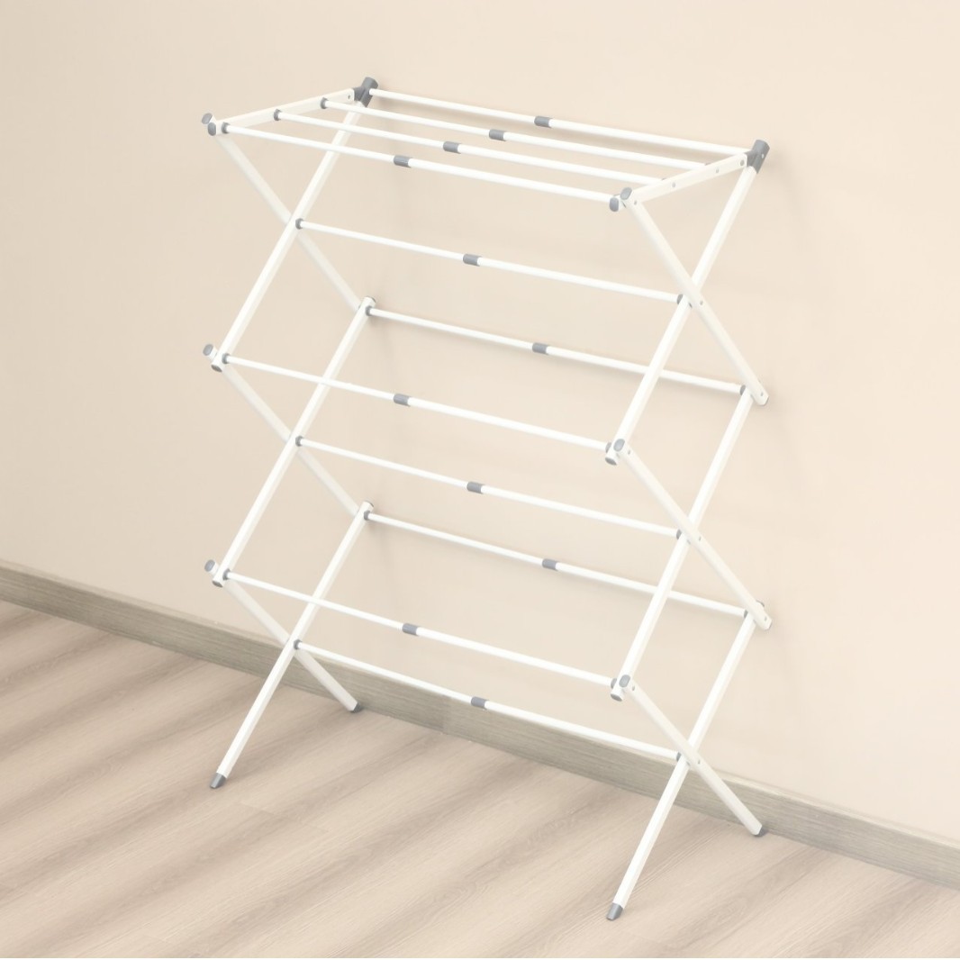 Bath towel drying rack, iron rod storage rack, balcony floor-standing towel rack, clothes hanging, storage rack, sock drying, foldable details Picture