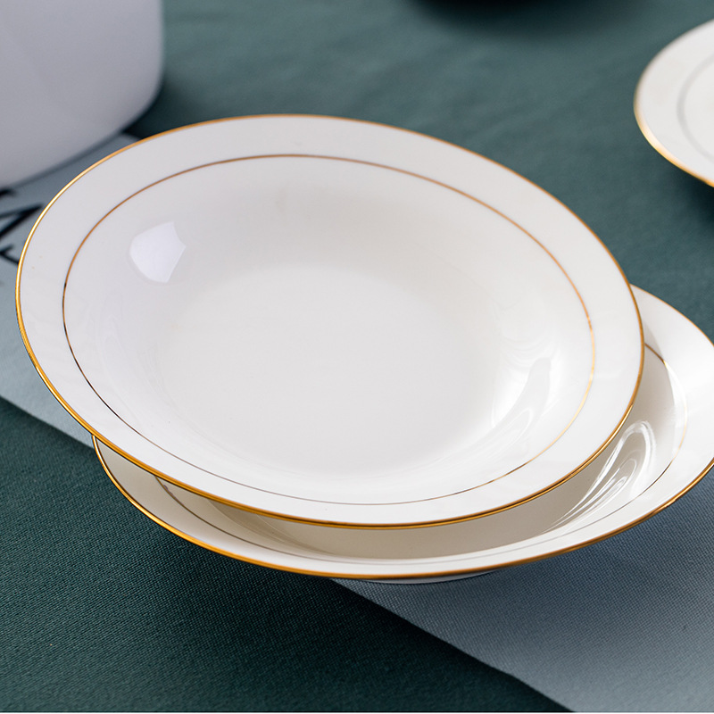 Golden-edge bone China household tableware, Jingdezhen ceramics, Nordic Chinese rice bowls and vegetable plates, gift porcelain, round details Picture