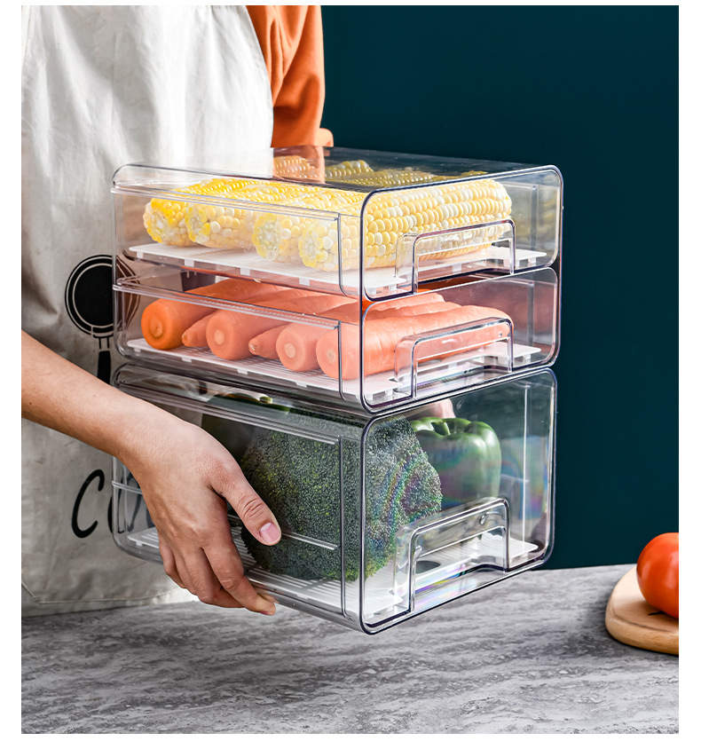 The manufacturer customizes a drawer type PET multi-functional refrigerator storage box that can be stacked for storing fruits, vegetables, draining water and eggs details Picture