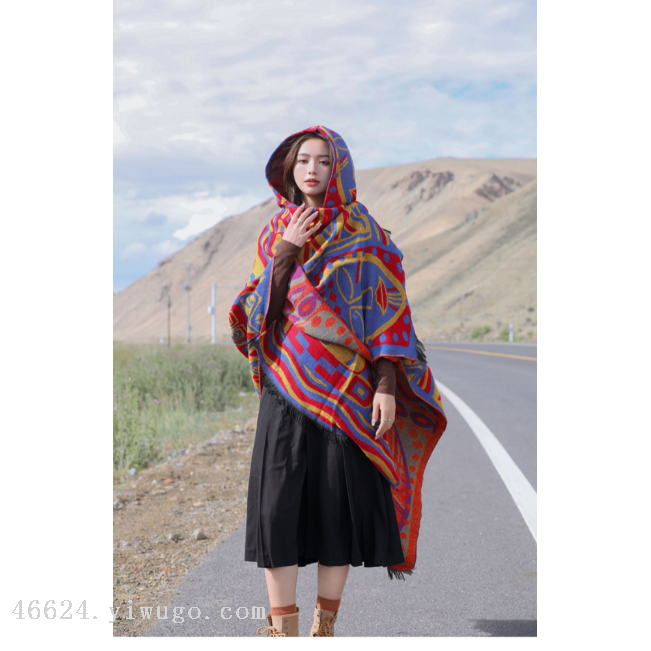 A new cross-border Bohemian ethnic style cape with a hat and slit cape shawl Specification image