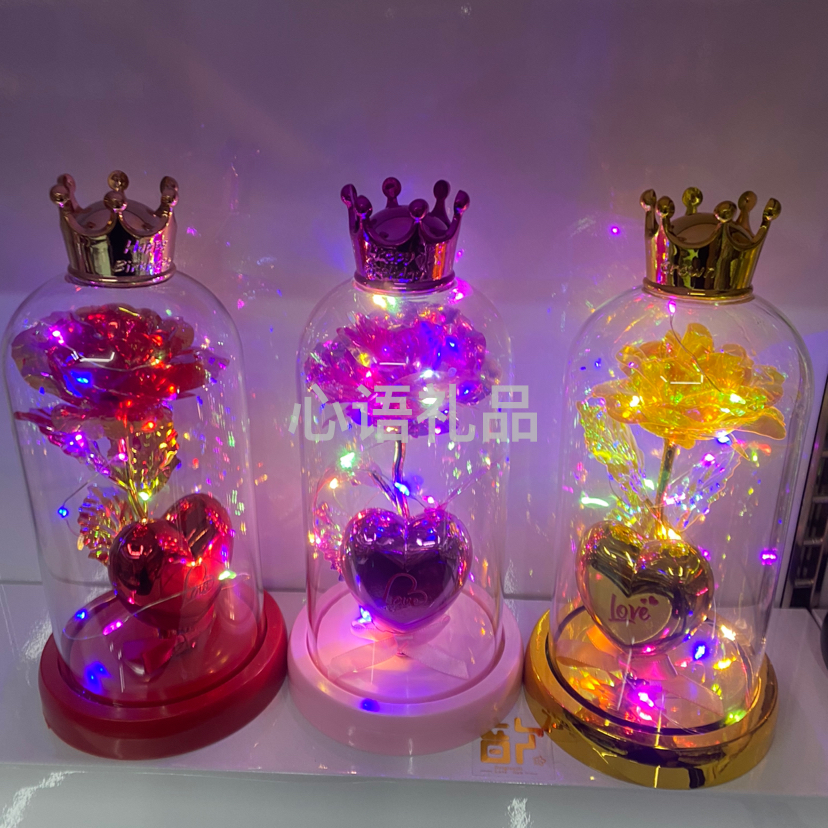 节日礼物爆款产品，镀金彩色皇冠玻璃罩玫瑰灯、礼物必备细节图