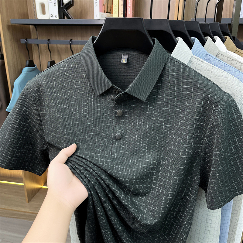 Middle-aged and elderly men's seamless short-sleeved T-shirt, casual and fashionable lapel half-sleeved top, checked polo shirt, dad's summer outfit Item Picture