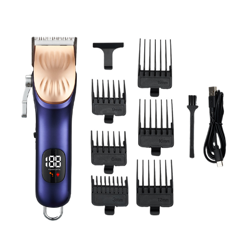 新品跨境电推子专业理发器电推剪成人剃光头刀理发剪数显USB充电白底实物图