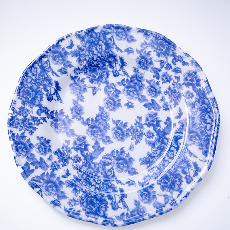 Melamine tableware wholesale, round plates, blue Western-style plates, hotel vegetable plates, salad plates, imitation porcelain plates, saucers, bowls and cups details Picture