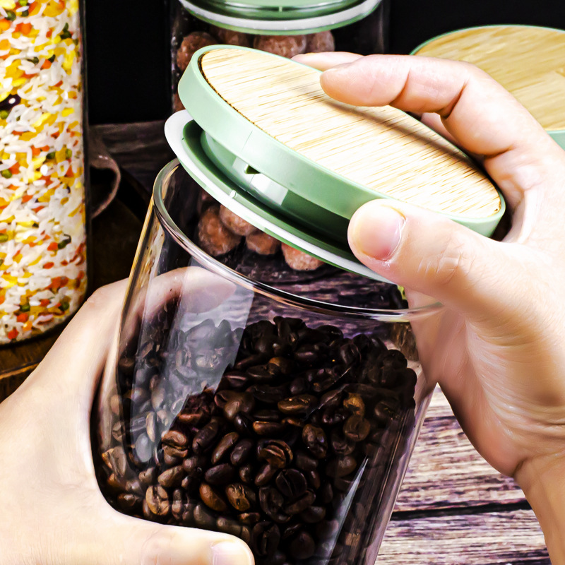 High borosilicate transparent glass sealed jar, bamboo lid, glass storage jar for grains and snacks, kitchen storage bottle, tea jar details Picture