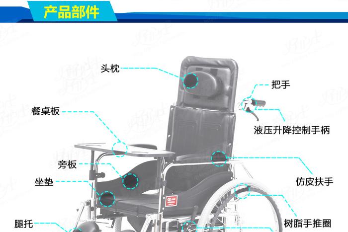 A new version of the all-reclining wheelchair with a foldable seat for the elderly and the sick, and an anti-slip wheelchair details Picture