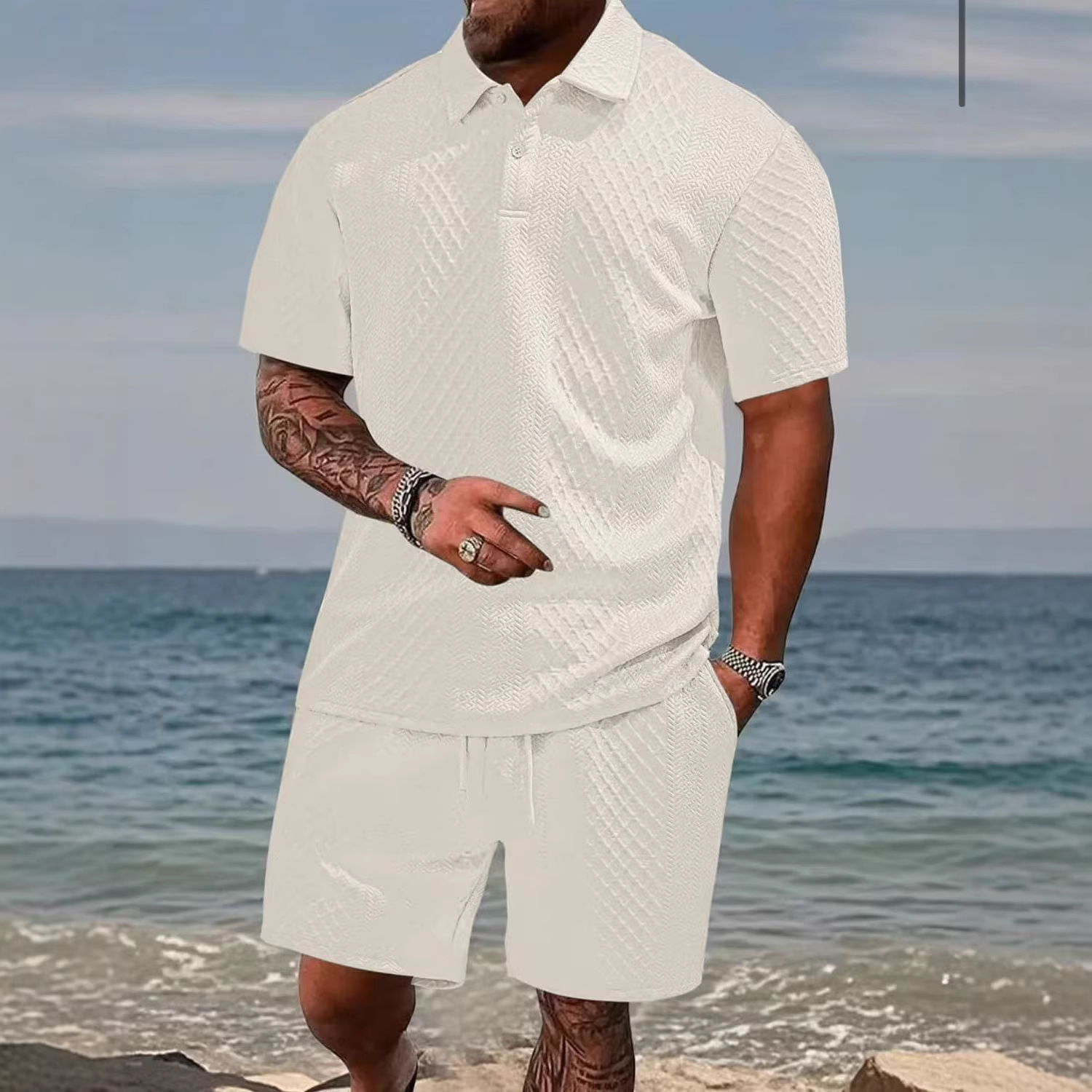 Summer 2026 Cross-border Amazon 3D men's Two-piece Set: Short-sleeved T-shirt, casual lapel polo shirt and shorts Specification image
