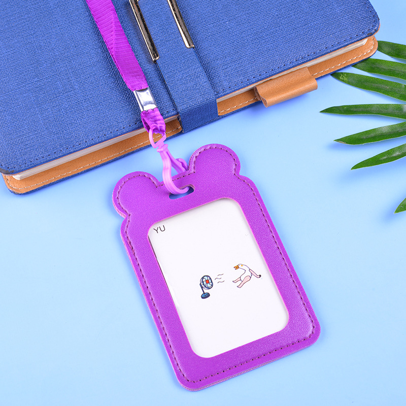 New leather card holder, cute cartoon easy-pull rope buckle, cat ear card, nurse name tag, work certificate, bus card hanging Specification image