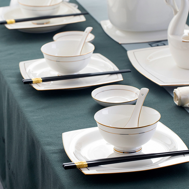 Golden-edge bone China household tableware, Jingdezhen ceramics, Nordic Chinese rice bowls and vegetable plates, gift porcelain, round