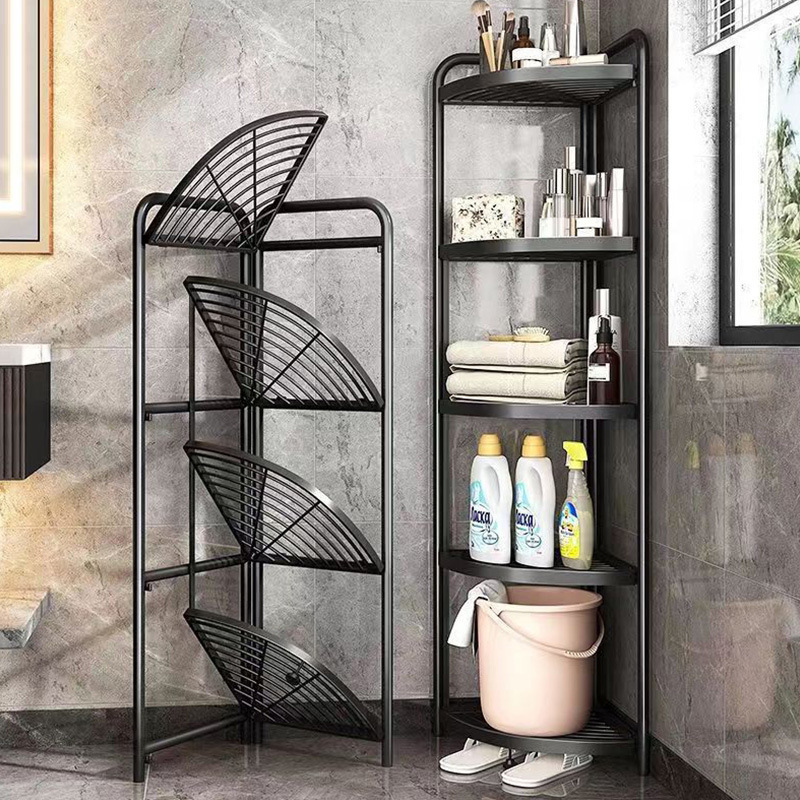 Carbon steel four-layer foldable floor-standing simple style bathroom storage rack with large capacity and small floor space, corner storage rack details Picture