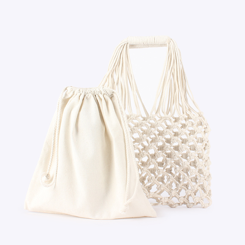 New handcrafted hollowed-out hand-woven bag, trendy and simple, forest girl style straw woven bag, vacation travel cotton rope net pocket