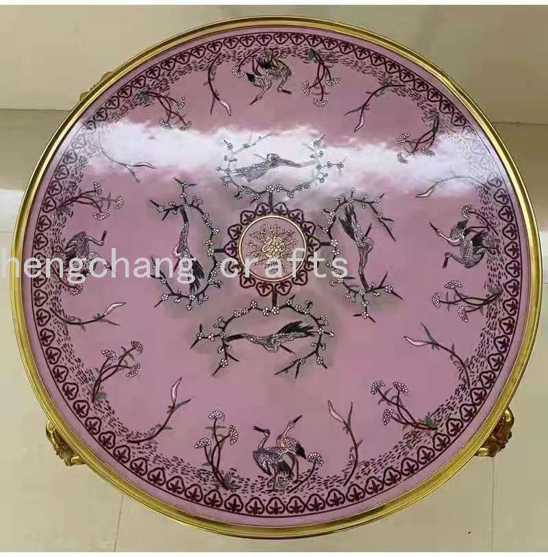 全铜复古羊头角粉色陶瓷画铜加陶瓷质感艺术仿古风格圆角细节图