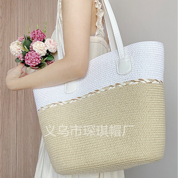 A new cross-border bestseller, a two-piece set of women's summer straw woven bag, beach bag and beach hat, striped wide-brimmed straw hat, single-shoulder tote bag, urban style, casual vacation, foldable women's bag, straw woven artistic beach photo shoot Application Scenario