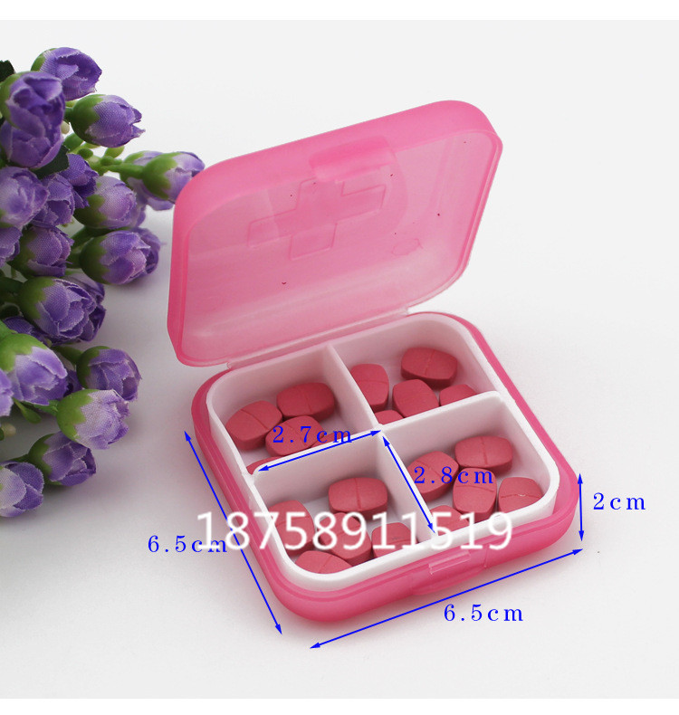 The new plastic medicine box is thickened, frosted, with a cross four-compartment layout. It is packaged in a kraft paper box and can be printed with a logo Specification drawing