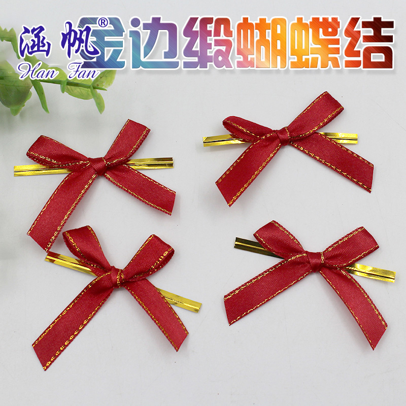 Wholesale of gold-edge satin ribbons, large red handcrafted small bows, children's hair accessories and ribbons details Picture