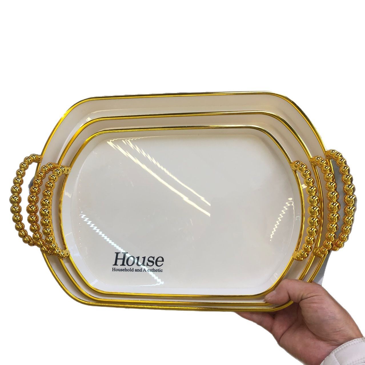 玻璃镜面金属托盘/玻璃托盘/黑胡桃木盘/玉石/贝壳托盘白底实物图