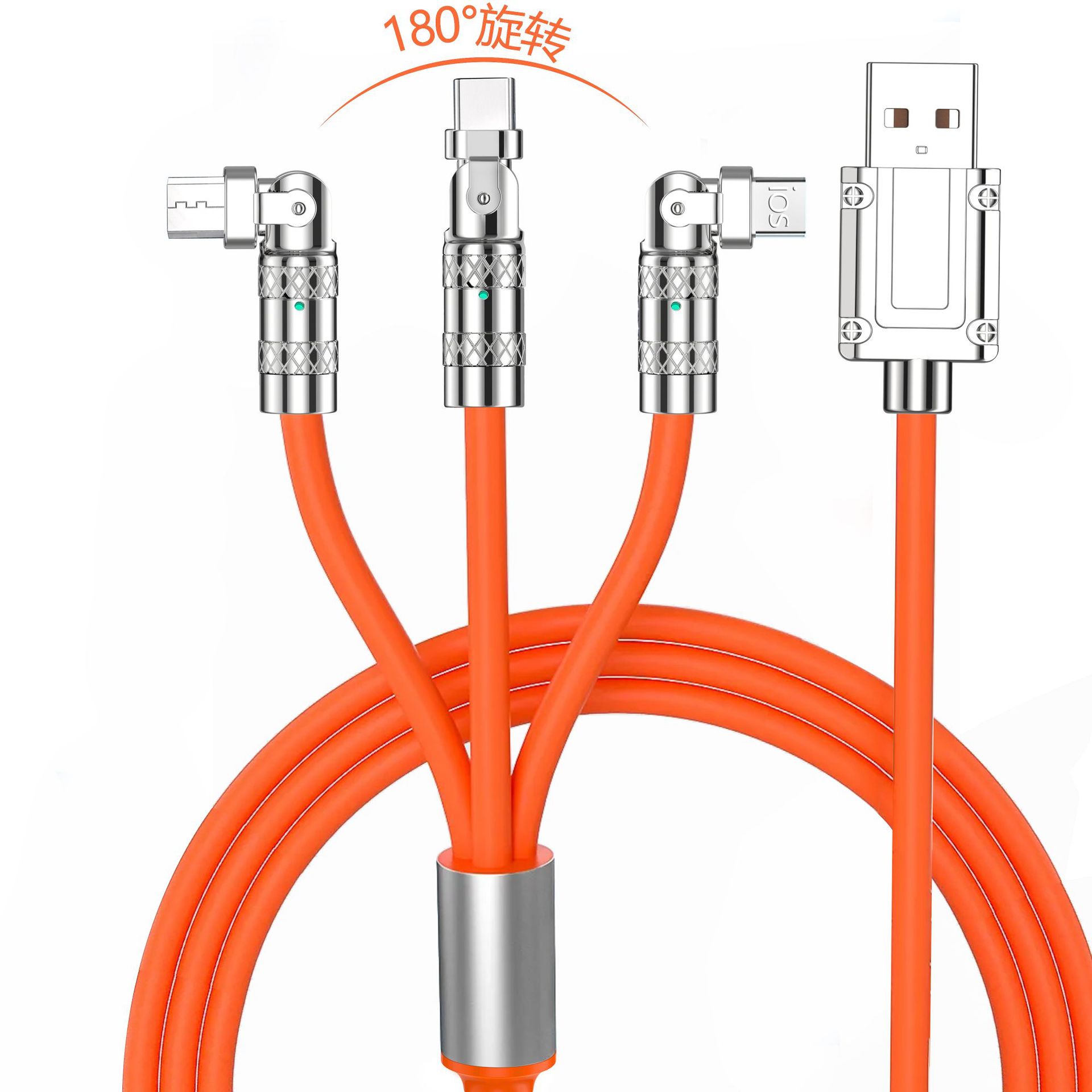 180-degree rotating one-drag three-device customer cable with thickened usb, suitable for fast charging data cables of Android, Apple and Huawei mobile phones Application Scenario