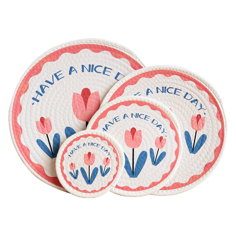 Heat insulation pads, Nordic style tulip print cotton rope heat insulation pads, coasters, Western placemats Item Picture