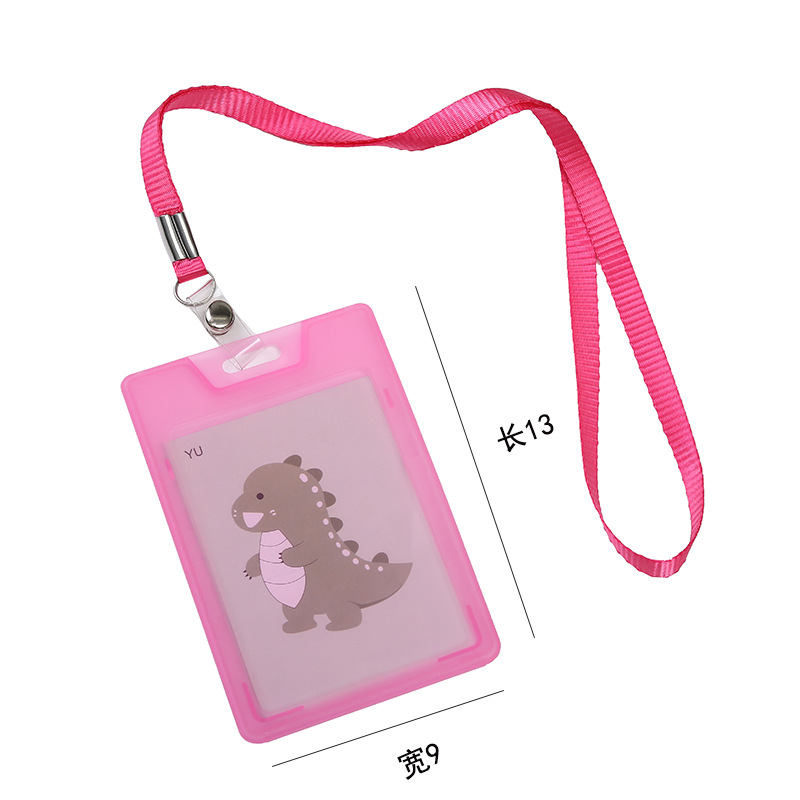 Pink cartoon dinosaur pattern easy-pull buckle ID card holder, tag rope, hanging rope, card holder, door card holder