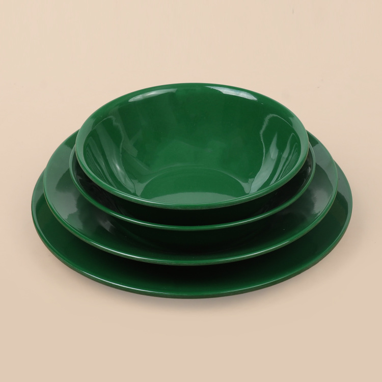 High-end emerald green ice-crack glazed plate, bowl and dish set, creative melamine imitation porcelain tableware, hotel and restaurant plates, bowls and dishes details Picture