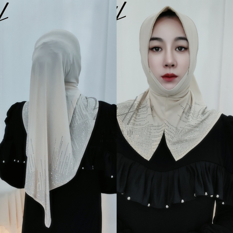 Fashionable Vertical Bar Hot Diamond Arab Hijab Front Split Breathable Large Soft Brim Niha Scarf Factory Store Specification drawing