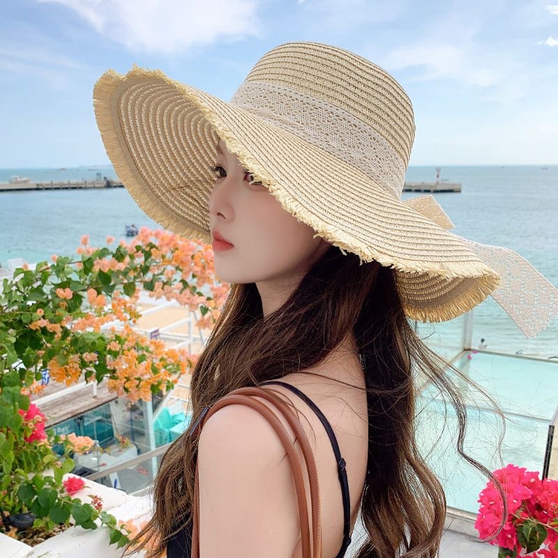 Summer new ladies' lace bow wide-brimmed straw hat, straw woven sun protection hat, fringed fringe beach hat, seaside vacation, travel, outdoor leisure sun hat, beach sun hat details Picture