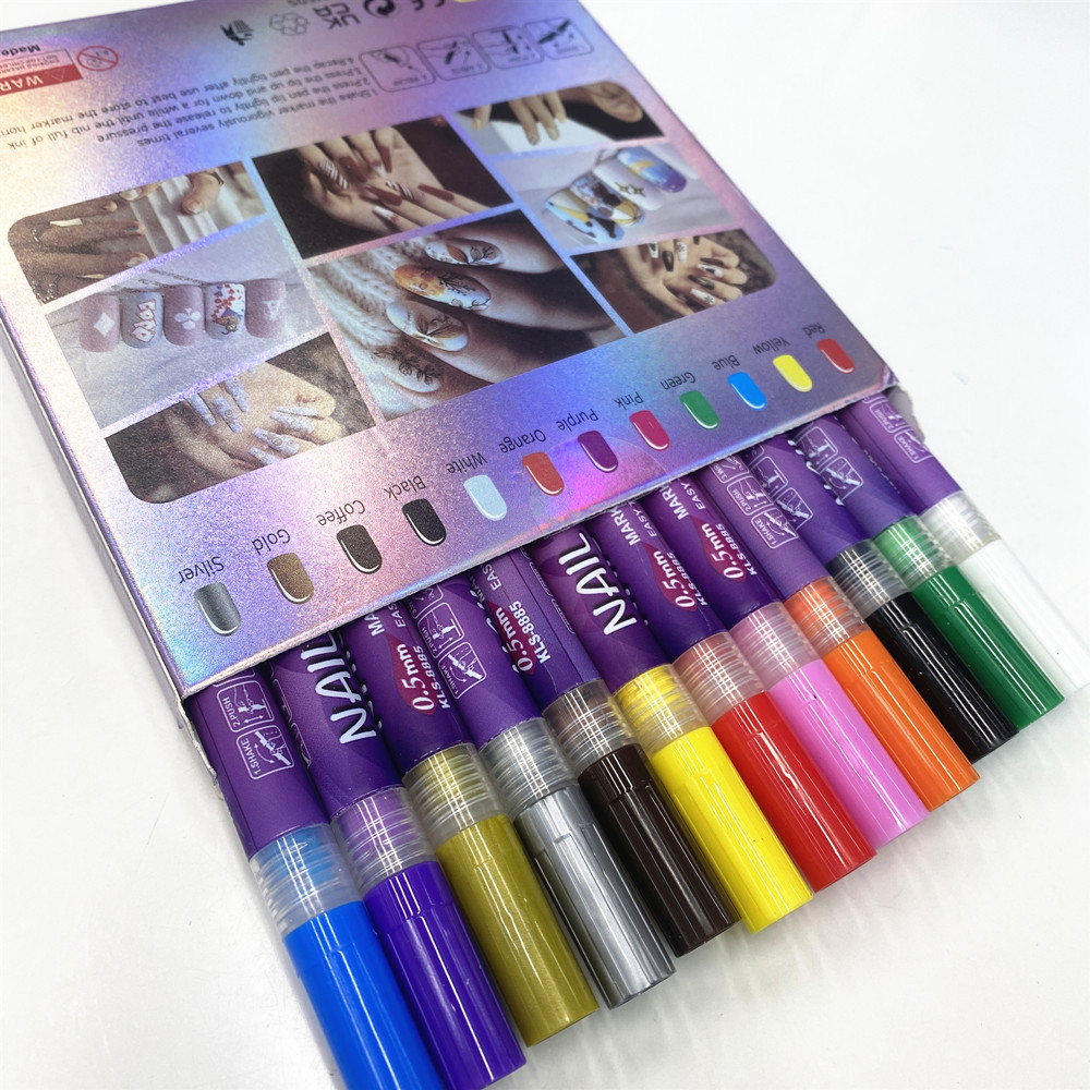 跨境12色美甲涂鸦彩绘套装多色美甲甲片绘画高光马克笔拉线笔批发