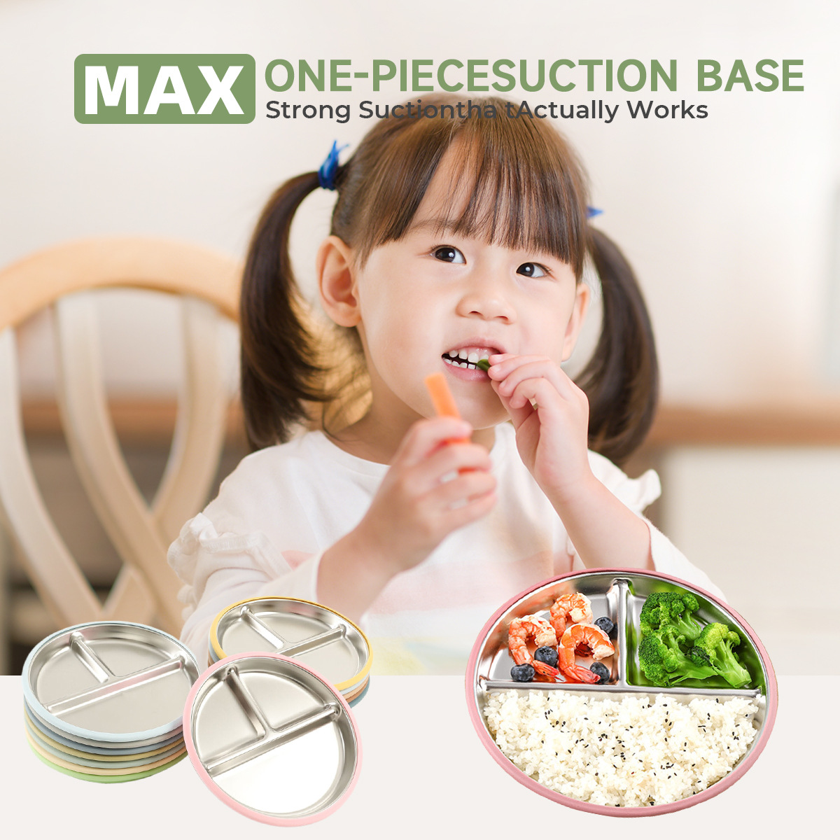 Food-grade stainless steel 304 children's serving plate, children's compartments with suction cups, 20CM anti-slip baby tableware plate Application Scenario