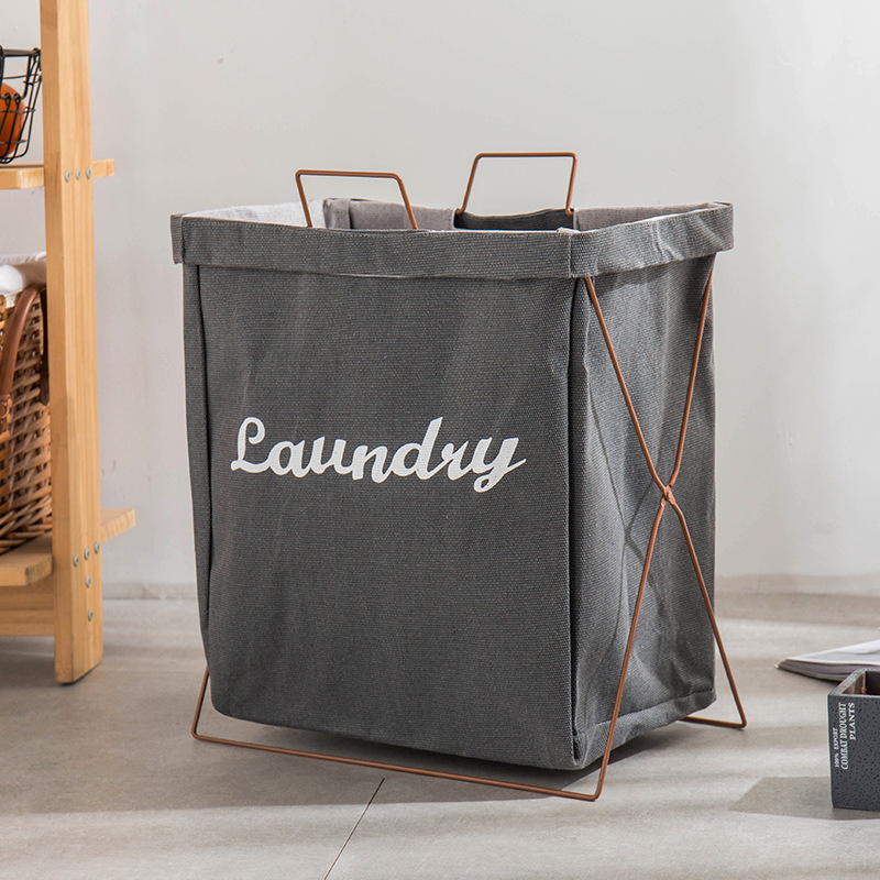 Waterproof cotton and linen laundry basket, dirty clothes basket, clothes storage basket, Japanese simple iron frame, fabric folding dirty clothes basket bucket details Picture