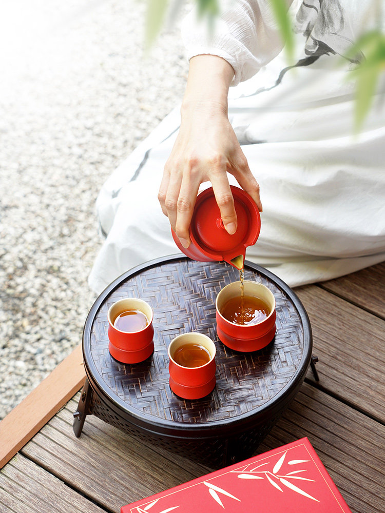 Taiwan Lu Bao 2025 New Tea Set, one pot and three cups, red festive bamboo joint cup and teapot, Rich bamboo year after year