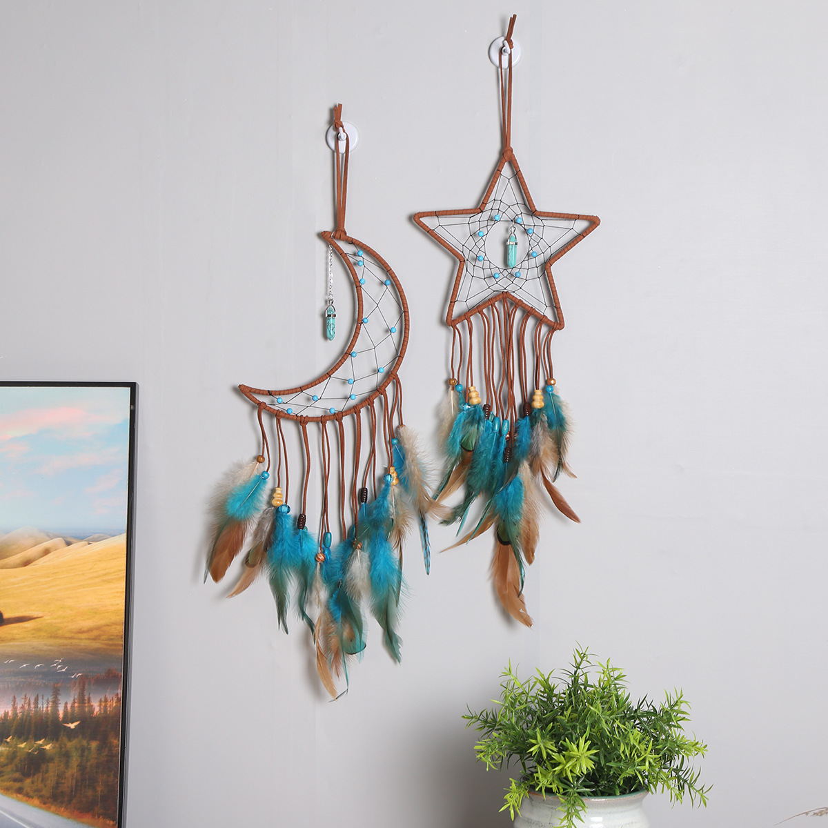 Moon and star dreamcatcher, turquoise pendant, dreamcatcher, wall decoration, wall hanging, wall decoration, room wall decoration, dreamcatcher Specification image