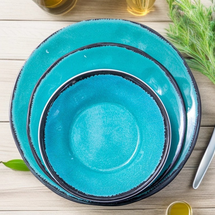 High-end blue and green ice-crack glazed plate and bowl set, creative melamine imitation porcelain tableware, restaurant plates and bowls Item Picture