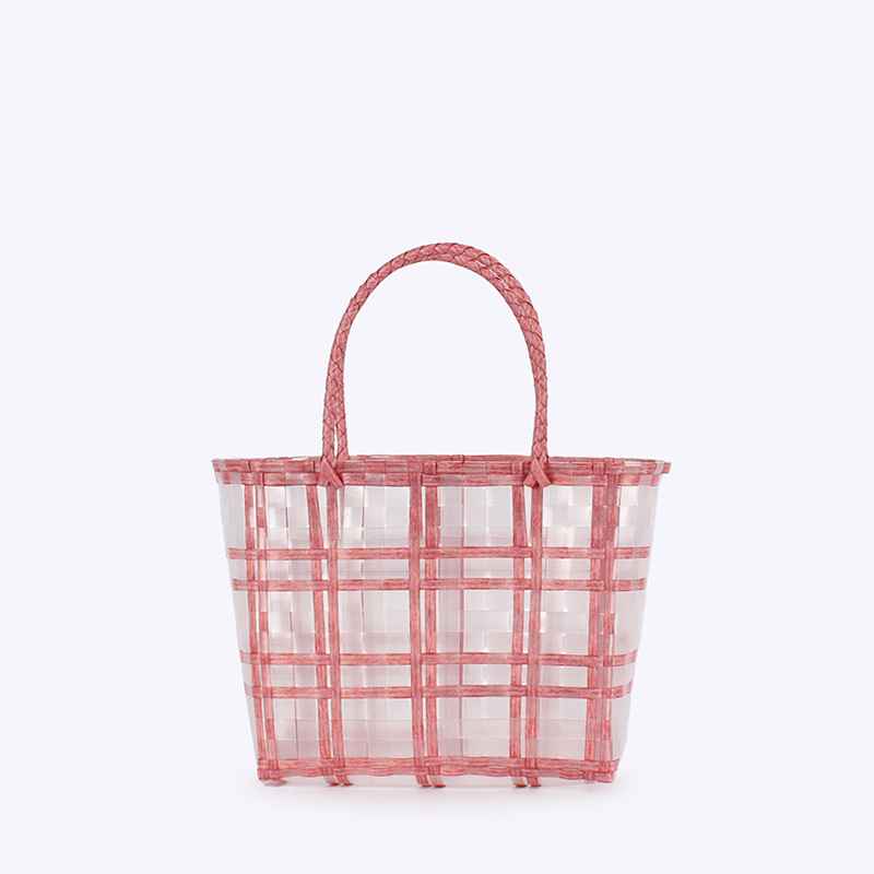 New summer forest-style checkered striped hand-held vegetable basket, transparent waterproof plastic beach hand-woven bag in medium size Application Scenario