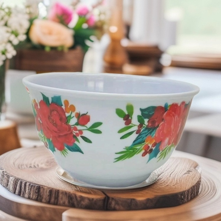 跨境密胺餐具复古风菜碗 大容量印花椭圆圆形酒店用