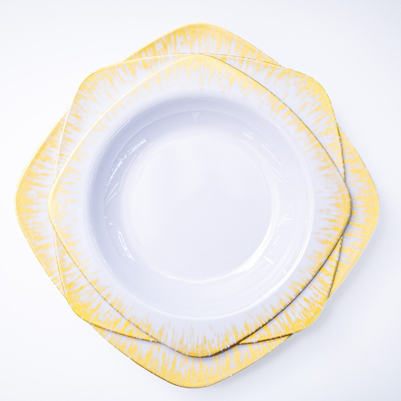 跨境A5密胺盘子餐厅饭店烧烤盘西餐牛排盘镶金边方盘凉菜意面盘