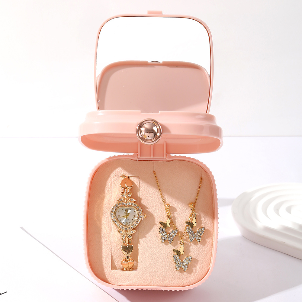 Teachers' Day, Qixi Festival and Valentine's Day gift set: Heart Full Diamond Watch Necklace set, Quartz watch strap jewelry gift box Item Picture