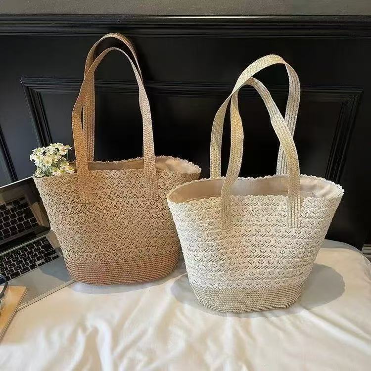 Women's summer new straw woven bag, straw hat set, two-piece set, lace large capacity tote bag, single-shoulder beach bag, beach hat, seaside vacation, outdoor travel, straw hat, lace trim, lace bag Application Scenario
