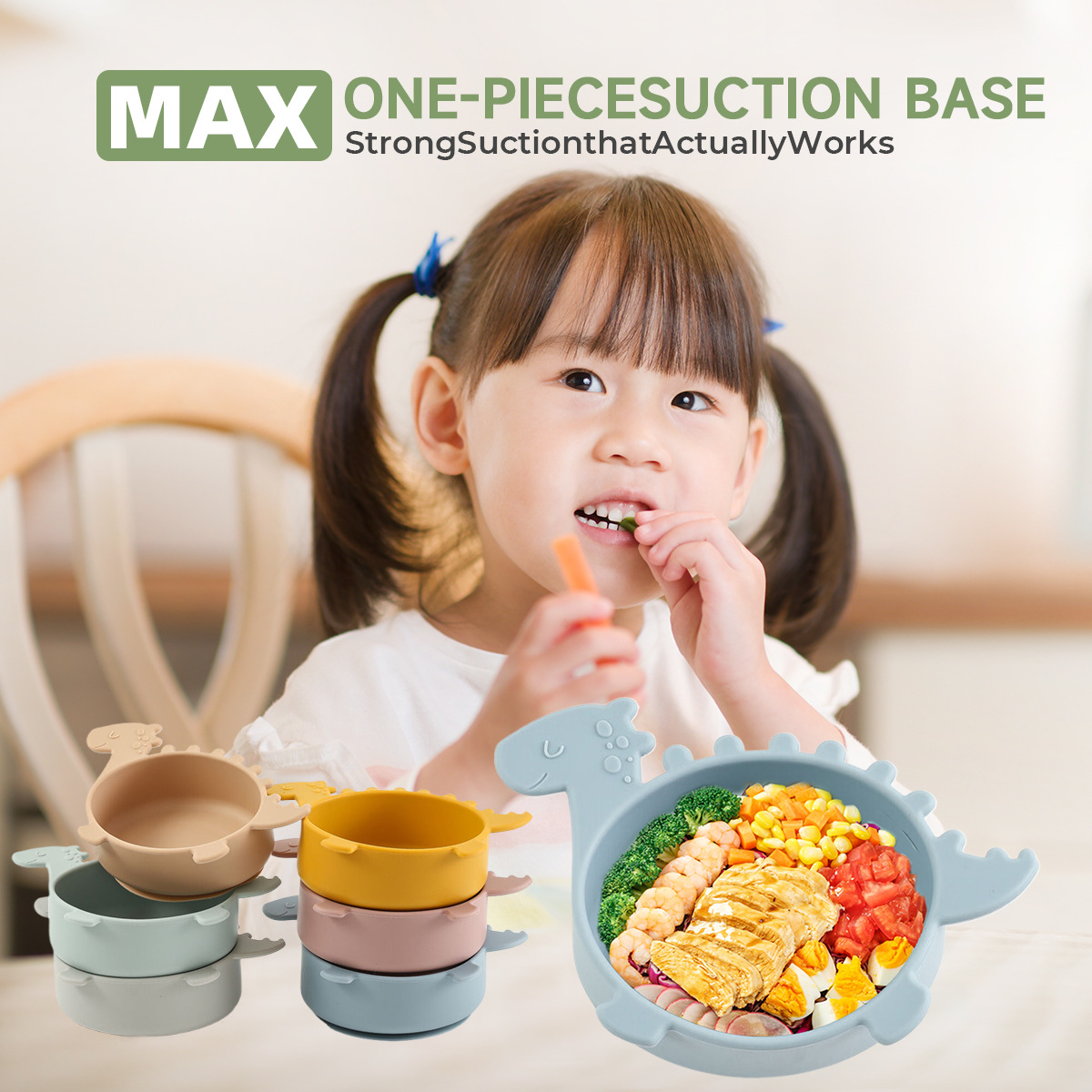Dinosaur Bowl, baby food bowl, infant and toddler products, food-grade silicone, home, kindergarten meal training, baby food plate Application Scenario
