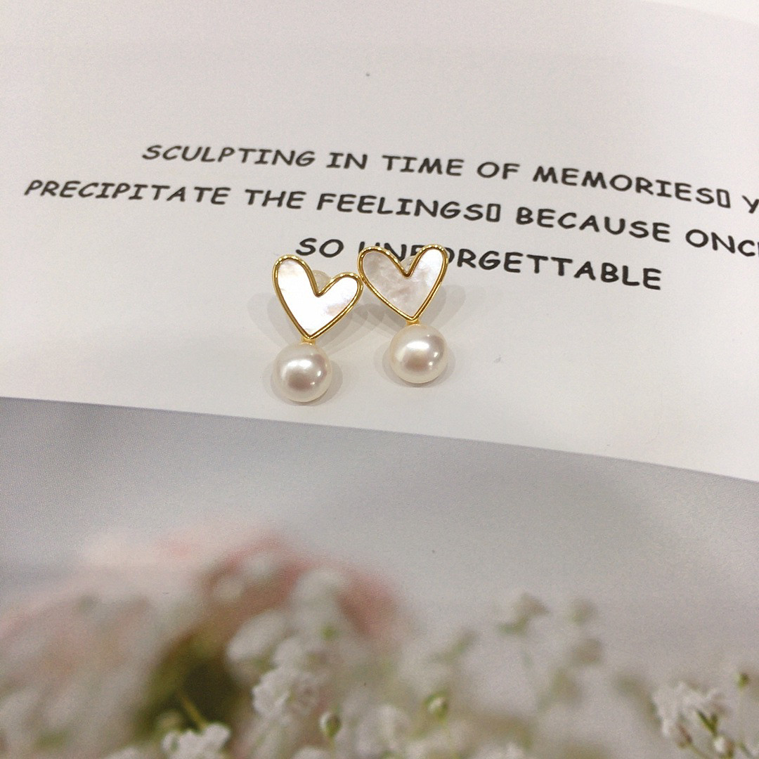 Natural pearl heart-shaped love ring, light luxury style, natural freshwater pearl, elegant girl, versatile earring jewelry wholesale, cute Specification image